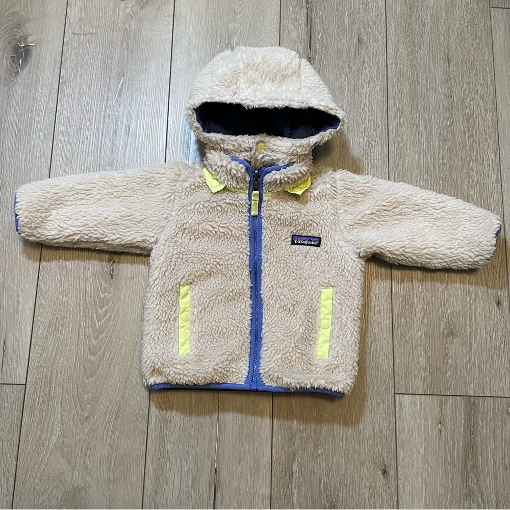 Patagonia Baby Reversible Puff-Ball Jacket - Blue Pink, Sherpa Lined Hooded 12 M - Picture 5 of 10